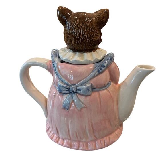 Vintage Decorative Ceramic Cat Teapot Mother Cat With Apron Basket Apples Kitsch - Picture 3 of 10